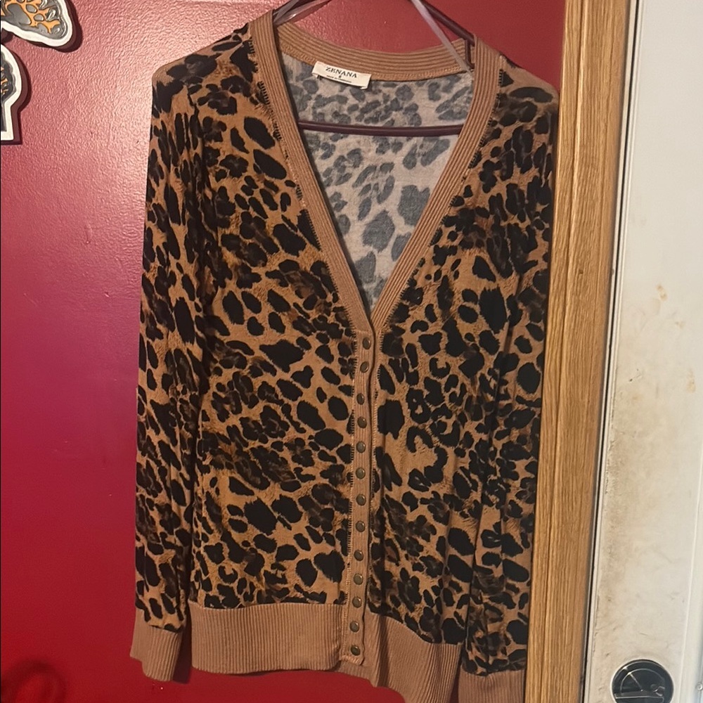 Zenana Outfitters Brown and Black Leopard Print Cardigan